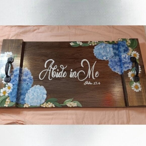 12 x 24 beautiful floral design wood hand painted tray Abide in Me John 15:4 - Picture 3 of 12